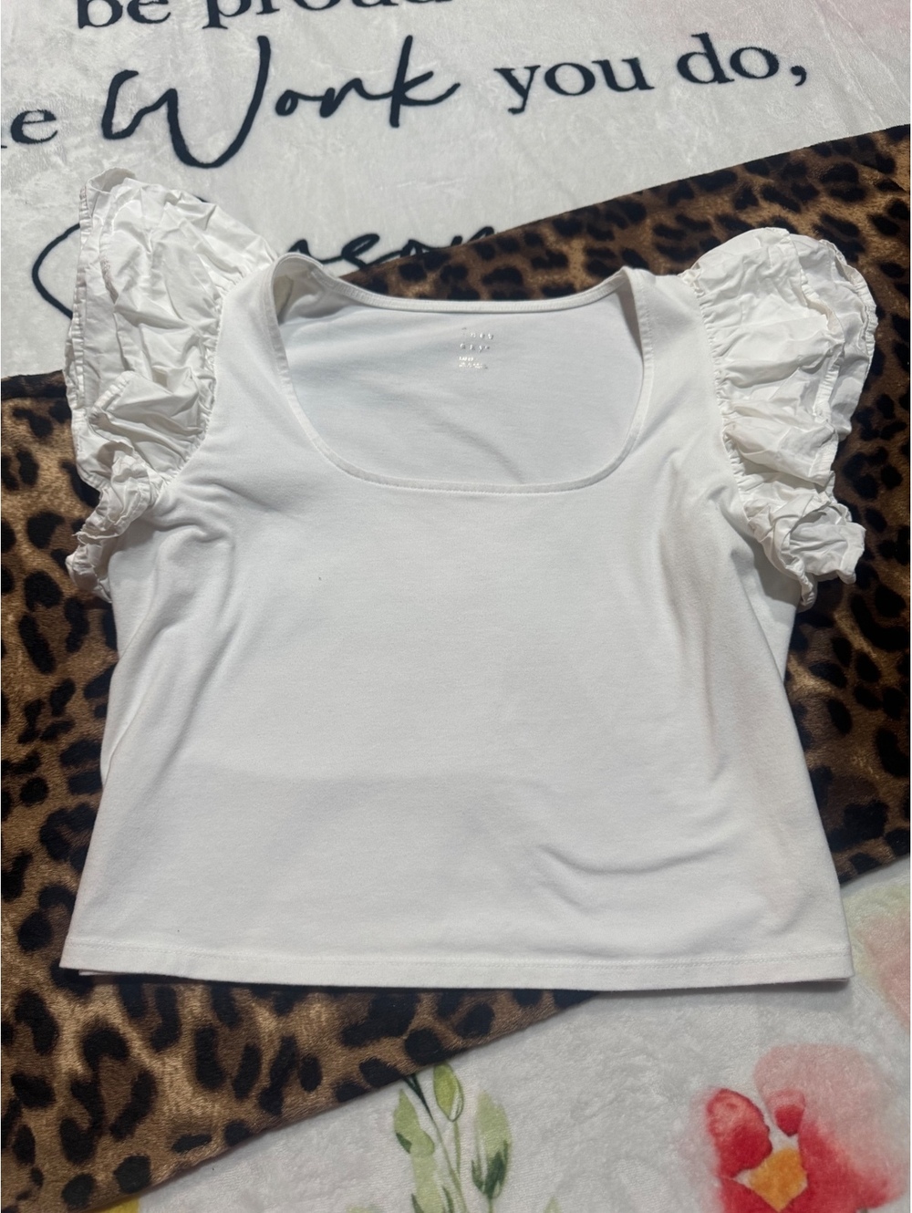 A New Day Women's Blouse, Size L, White, Square Neck, Layered Ruffle, Cropped